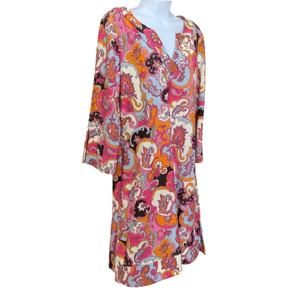 Jude Connally Megan Chinois Brown Watermelon V-Neck Shift Dress XL Made in USA - Picture 3 of 12